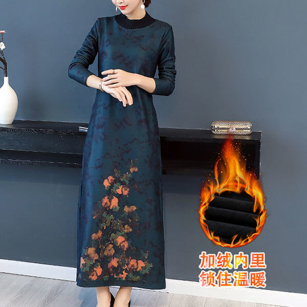 §獨具衣格§ J1206 內刷毛 古典印花半高領洋裝-中大尺碼