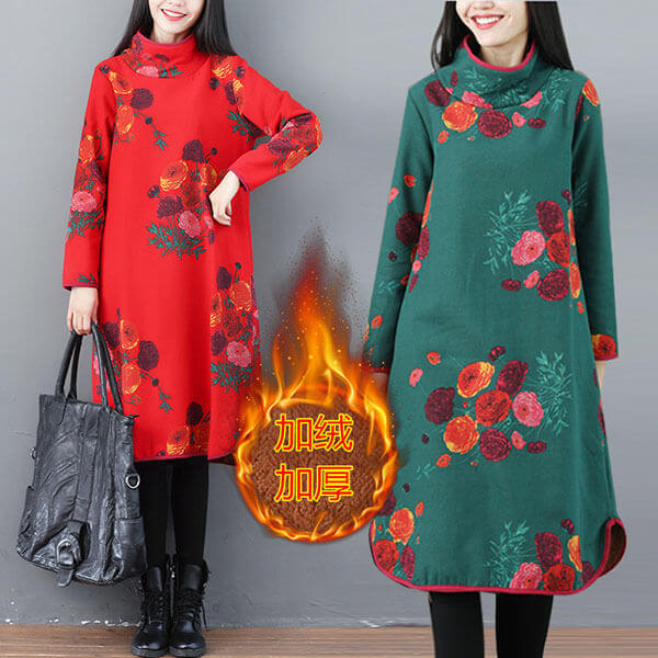 §獨具衣格§ J1227 內刷絨 玫瑰印花高領洋裝-中大尺碼