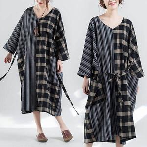 §獨具衣格§ J1282 棉麻格紋拼接感綁袋洋裝-大尺碼