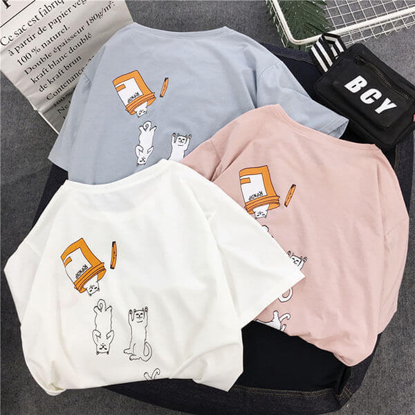 §獨具衣格§ J1342 罐頭貓咪印花T桖上衣-中大尺碼