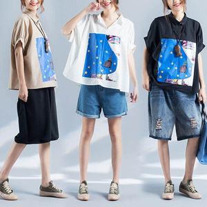 §獨具衣格§ J1367 藝術風印花襯衫領上衣-多尺碼