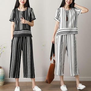 §獨具衣格§ J1517 冰絲麻 直條紋點點印花套裝(上衣+褲子)-中大尺碼